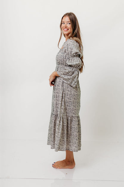Julianna 100% Cotton Floral Print Tiered Midi Dress in Cream/Dark Navy