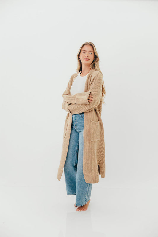 Rachel Longline Sweater Cardigan in Camel