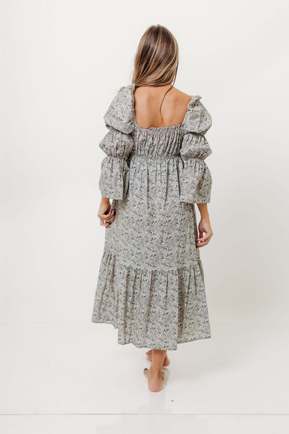 Julianna 100% Cotton Floral Print Tiered Midi Dress in Cream/Dark Navy