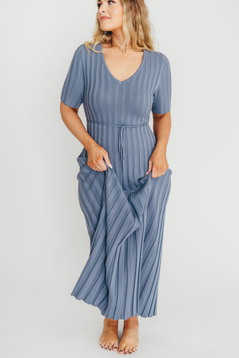 Oakley Ribbed Maxi Dress in Dusty Blue - Bump Friendly