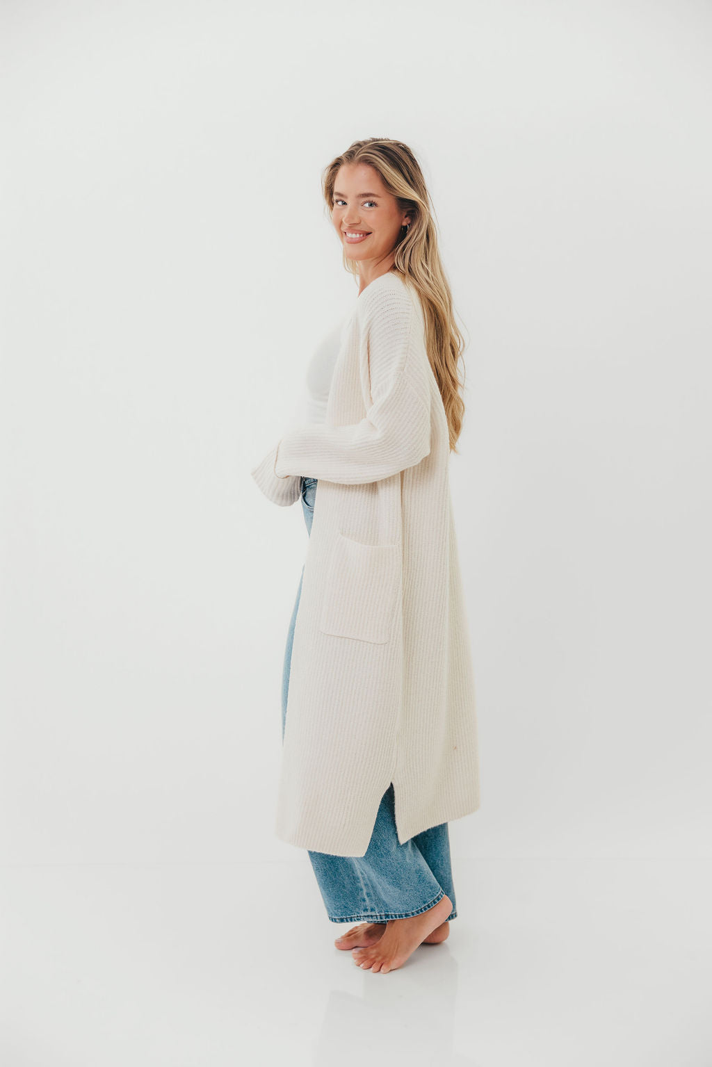 Rachel Longline Sweater Cardigan in Ecru