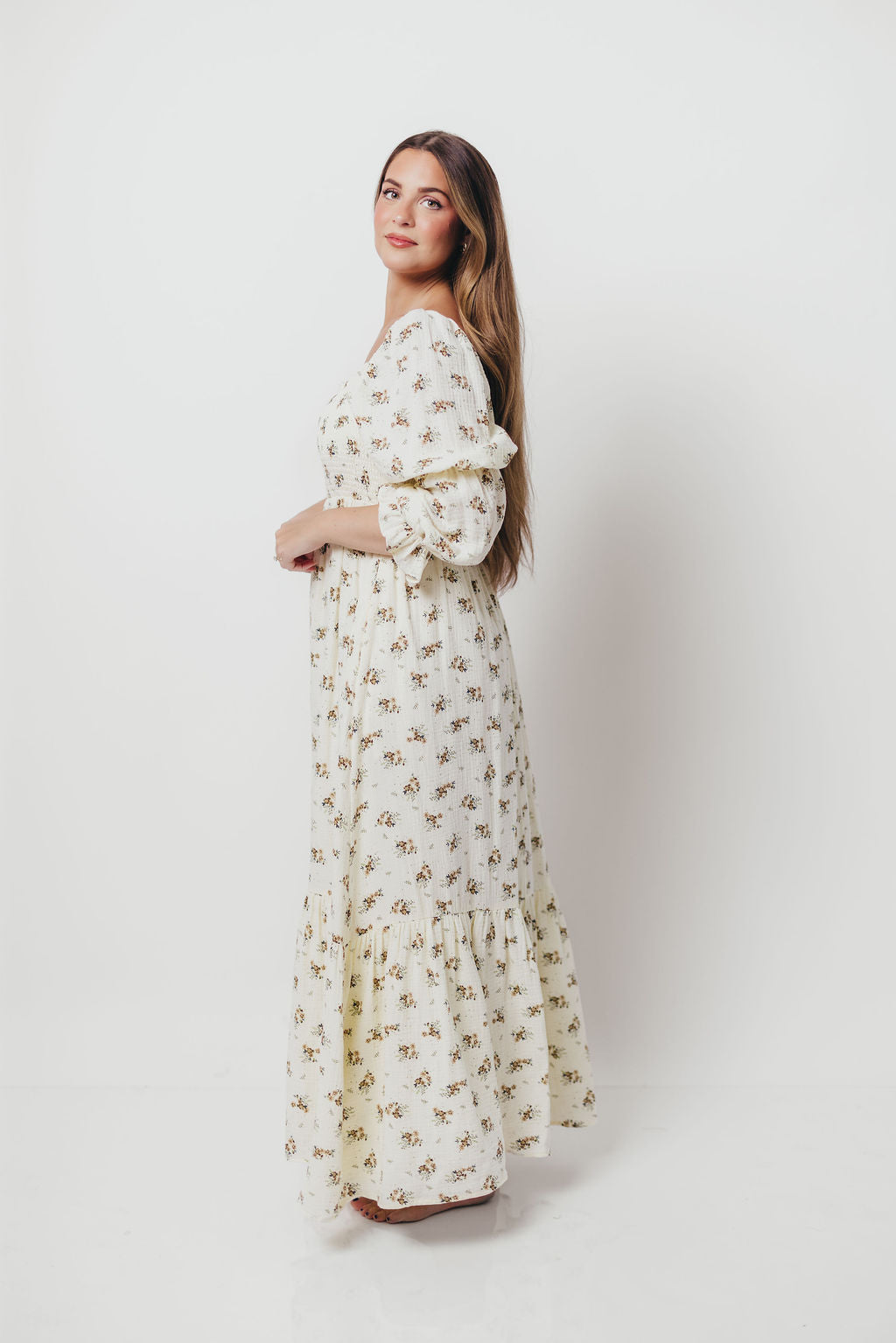Emerson 100% Cotton Smocked Maxi Dress with Long Sleeves in Off White - Bump Friendly