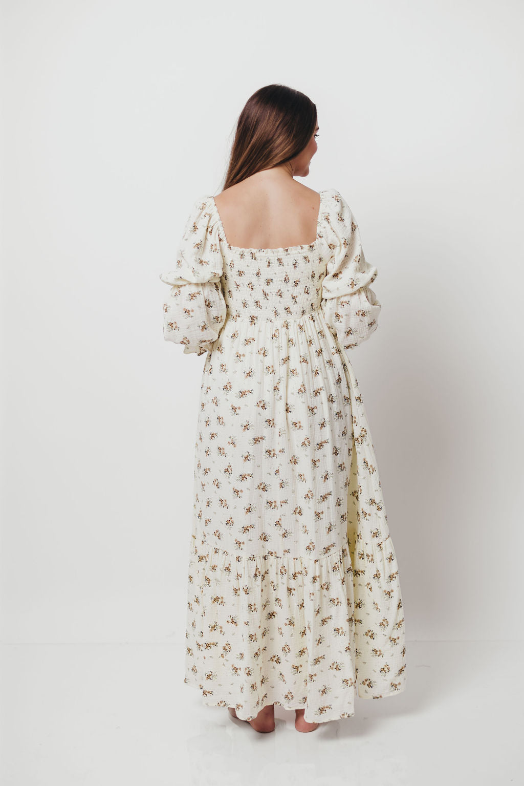 Emerson 100% Cotton Smocked Maxi Dress with Long Sleeves in Off White - Bump Friendly