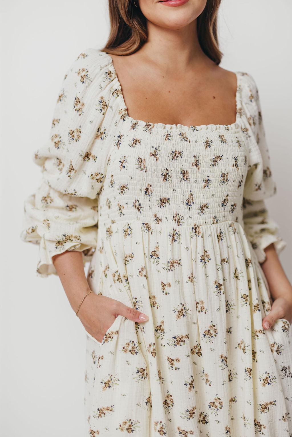 Emerson 100% Cotton Smocked Maxi Dress with Long Sleeves in Off White - Bump Friendly