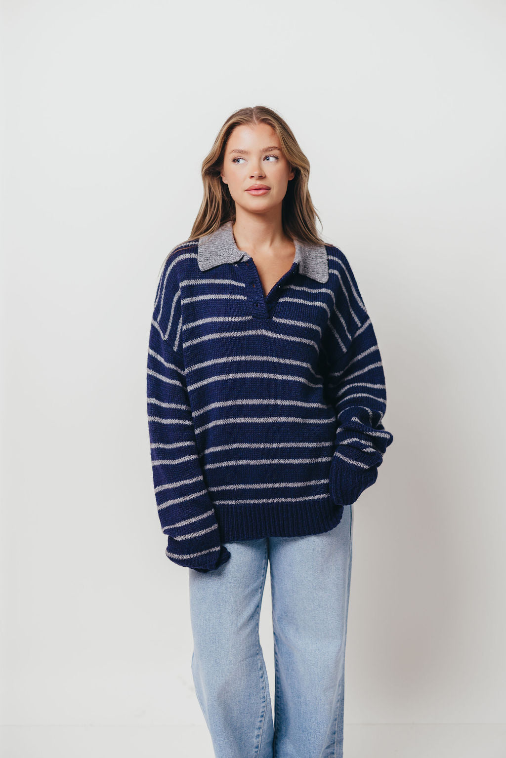 Rochelle Stripe Sweater with Contrast Collar in Navy