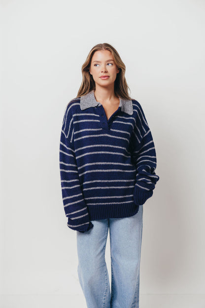 Rochelle Stripe Sweater with Contrast Collar in Navy