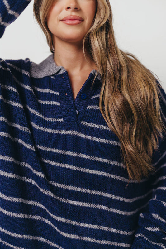 Rochelle Stripe Sweater with Contrast Collar in Navy