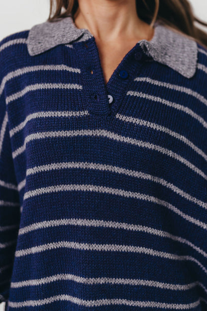Rochelle Stripe Sweater with Contrast Collar in Navy