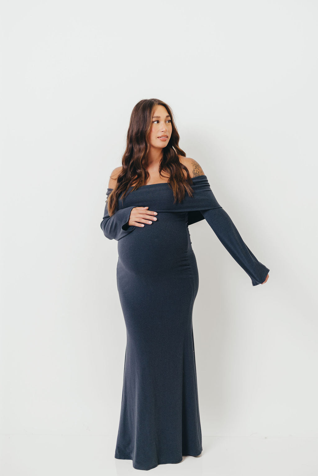 Monroe Maxi Dress with Long Sleeves in Dusty Navy- Bump Friendly