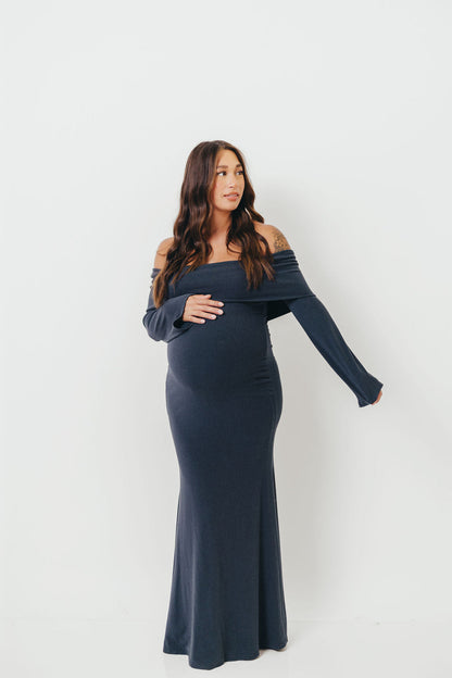 Monroe Maxi Dress with Long Sleeves in Dusty Navy- Bump Friendly