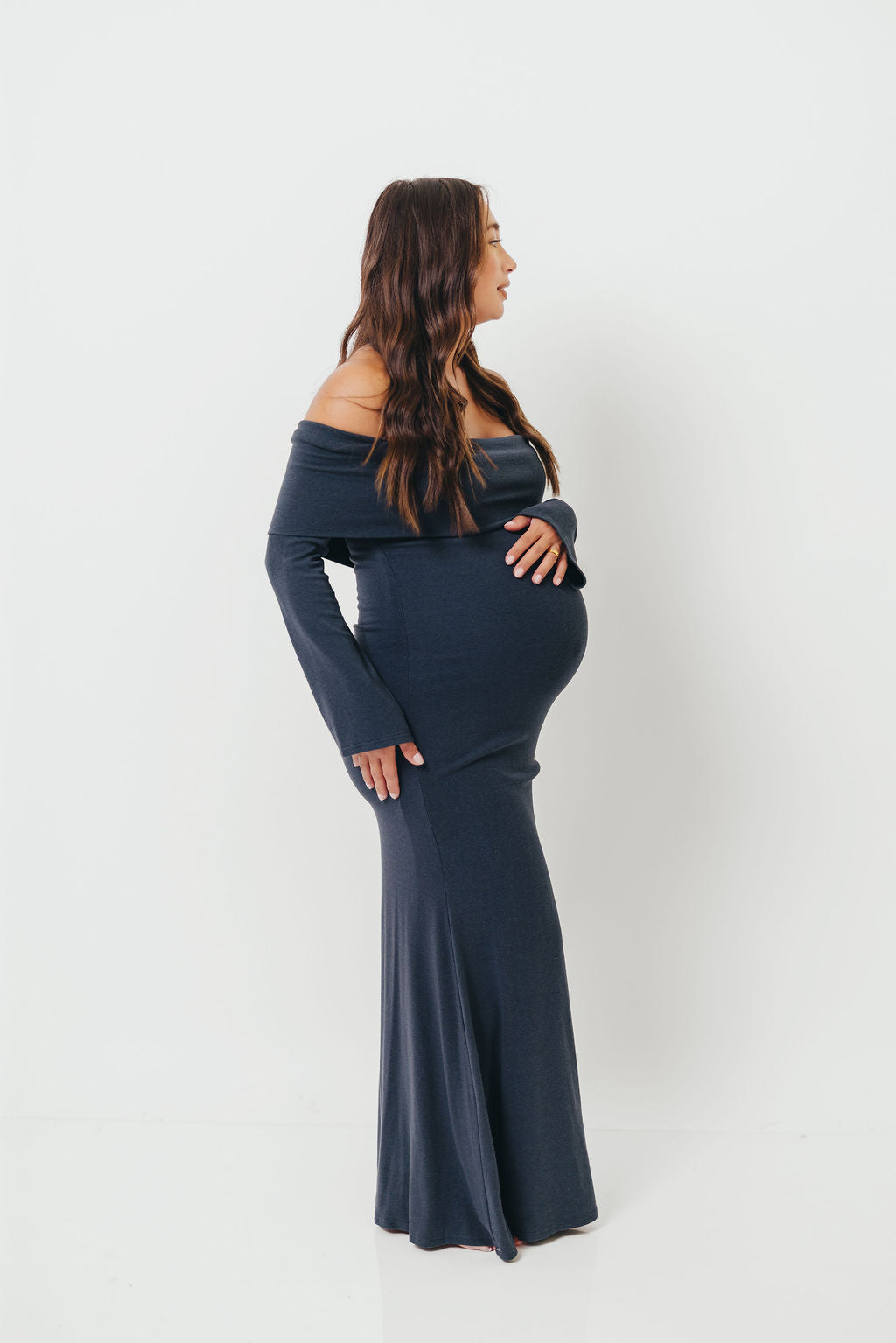 Monroe Maxi Dress with Long Sleeves in Dusty Navy- Bump Friendly