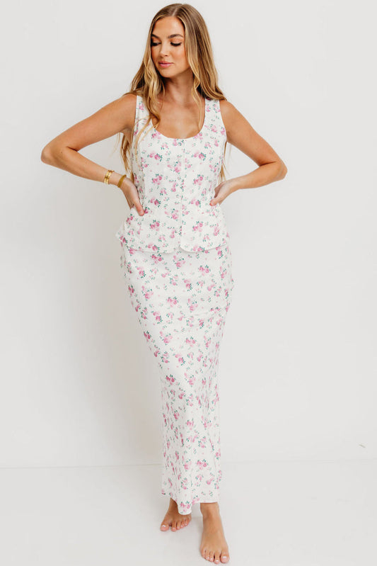 Melrose Floral Button-Up Top and Maxi Skirt Set in Off White