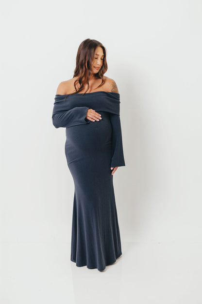Monroe Maxi Dress with Long Sleeves in Dusty Navy- Bump Friendly