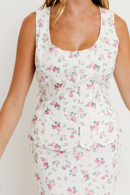 Melrose Floral Button-Up Top and Maxi Skirt Set in Off White