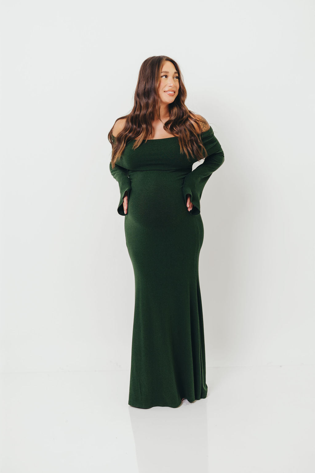 Monroe Maxi Dress with Long Sleeves in Hunter Green- Bump Friendly