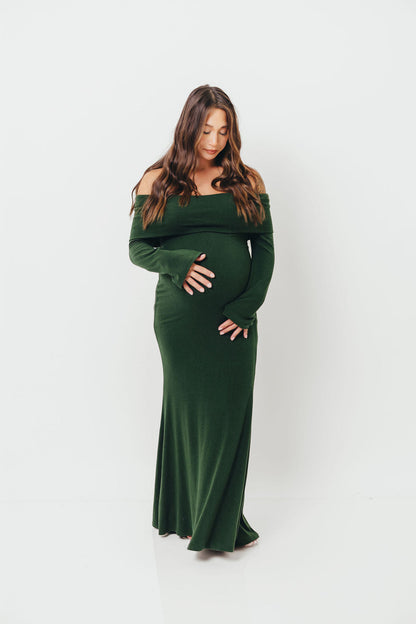 Monroe Maxi Dress with Long Sleeves in Hunter Green- Bump Friendly