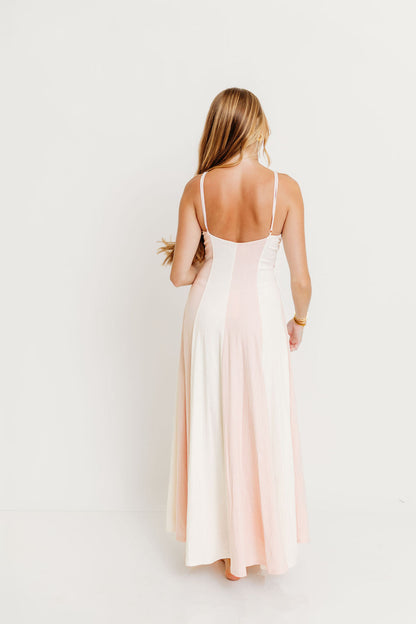 Cher Vertical Striped V-Neck Flare Maxi Dress in White/Milky Pink
