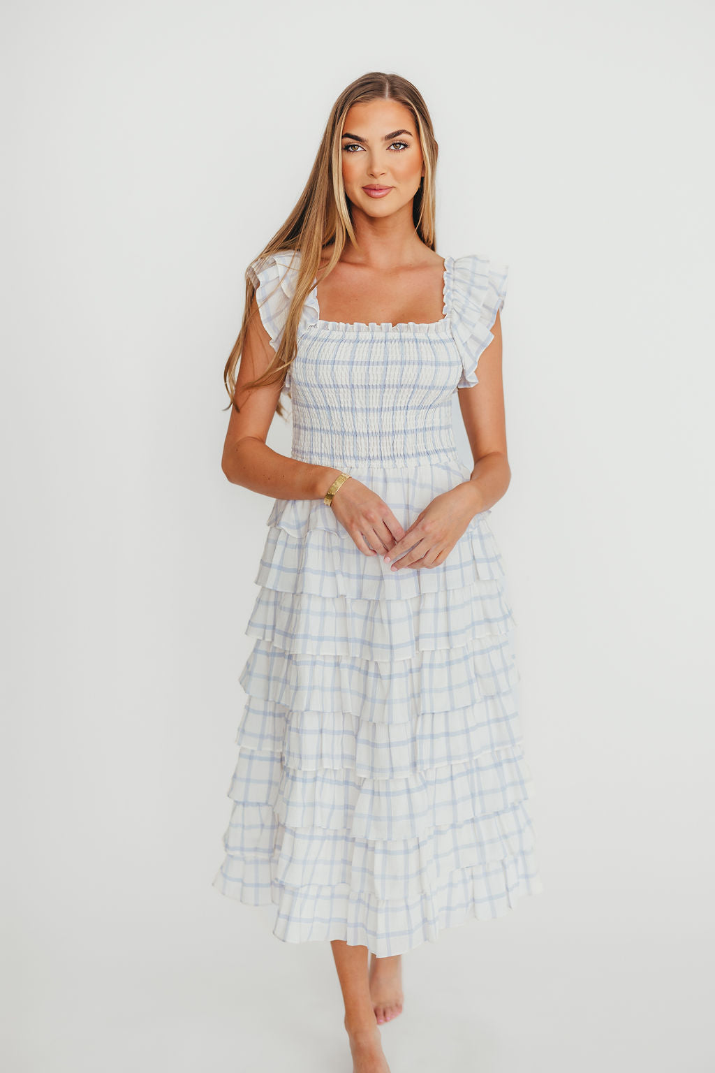 Adelynn Ruffle Midi Dress in White/Blue