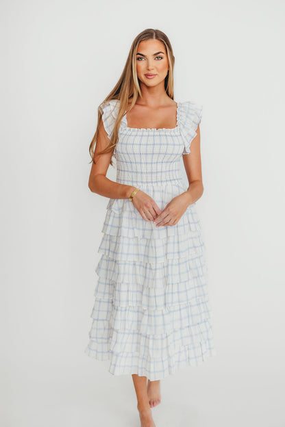 Adelynn Ruffle Midi Dress in White/Blue