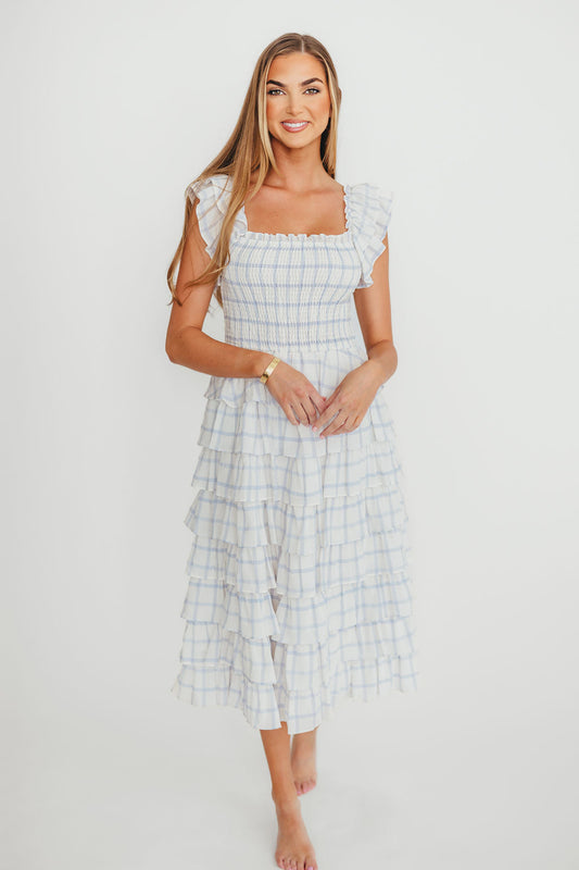 Adelynn Ruffle Midi Dress in White/Blue