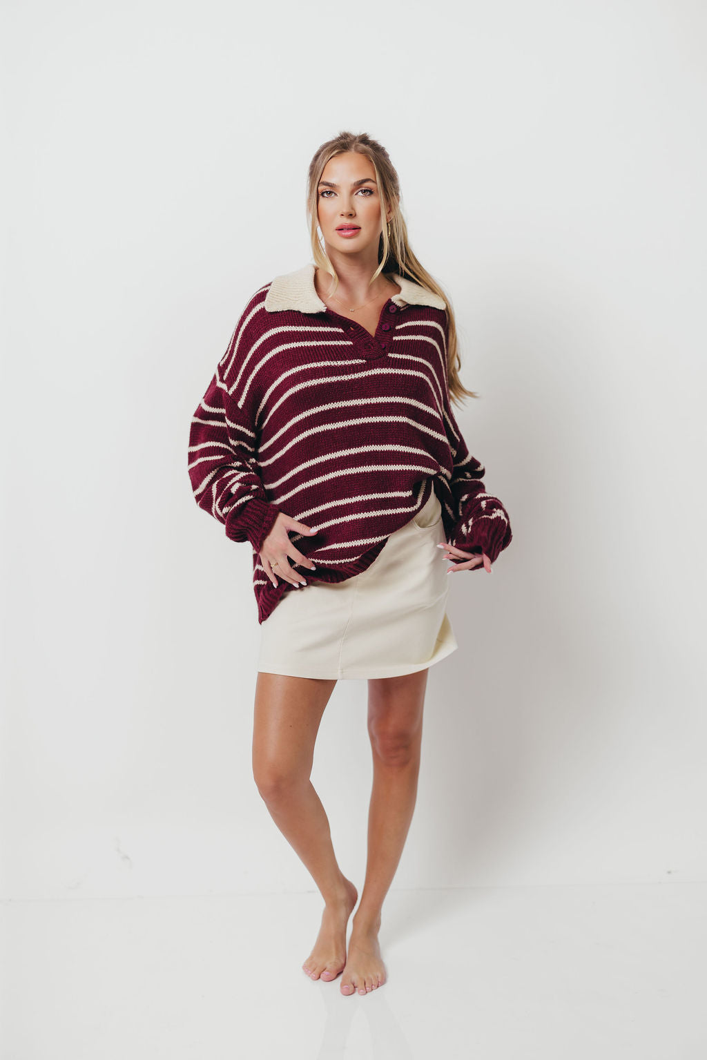 Rochelle Stripe Sweater with Contrast Collar in Burgundy