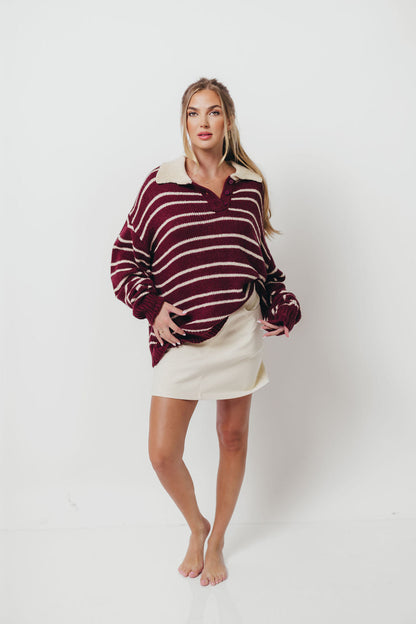 Rochelle Stripe Sweater with Contrast Collar in Burgundy