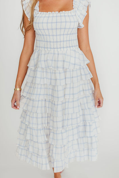 Adelynn Ruffle Midi Dress in White/Blue
