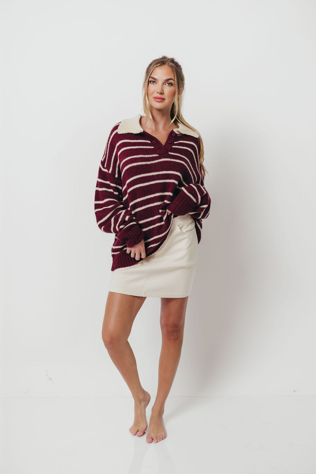 Rochelle Stripe Sweater with Contrast Collar in Burgundy
