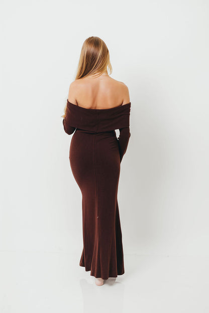 Monroe Maxi Dress with Long Sleeves in Chocolate Brown- Bump Friendly