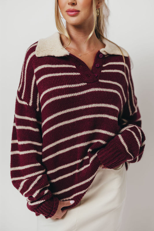 Rochelle Stripe Sweater with Contrast Collar in Burgundy