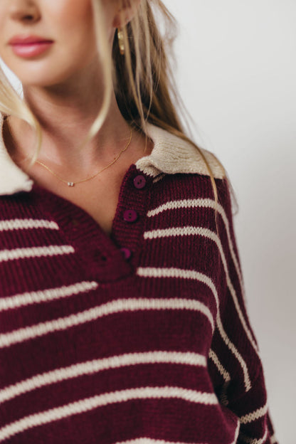 Rochelle Stripe Sweater with Contrast Collar in Burgundy