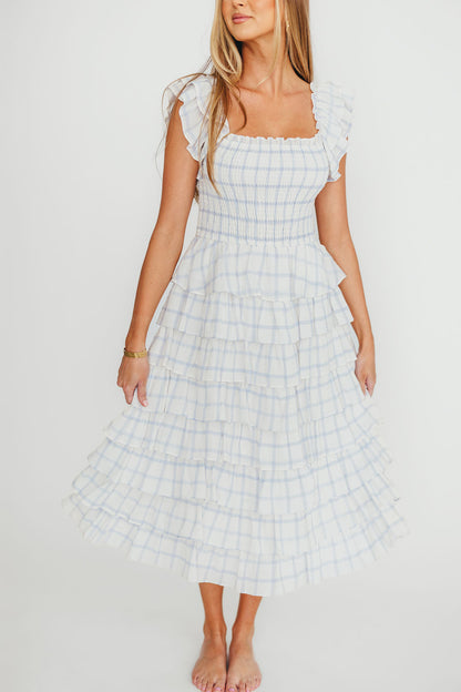 Adelynn Ruffle Midi Dress in White/Blue