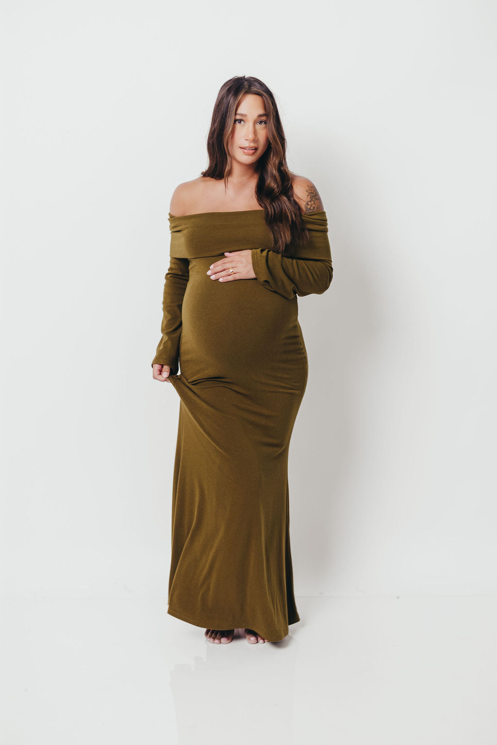 Monroe Maxi Dress with Long Sleeves in Olive Green- Bump Friendly