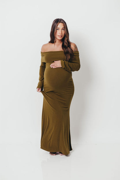 Monroe Maxi Dress with Long Sleeves in Olive Green- Bump Friendly