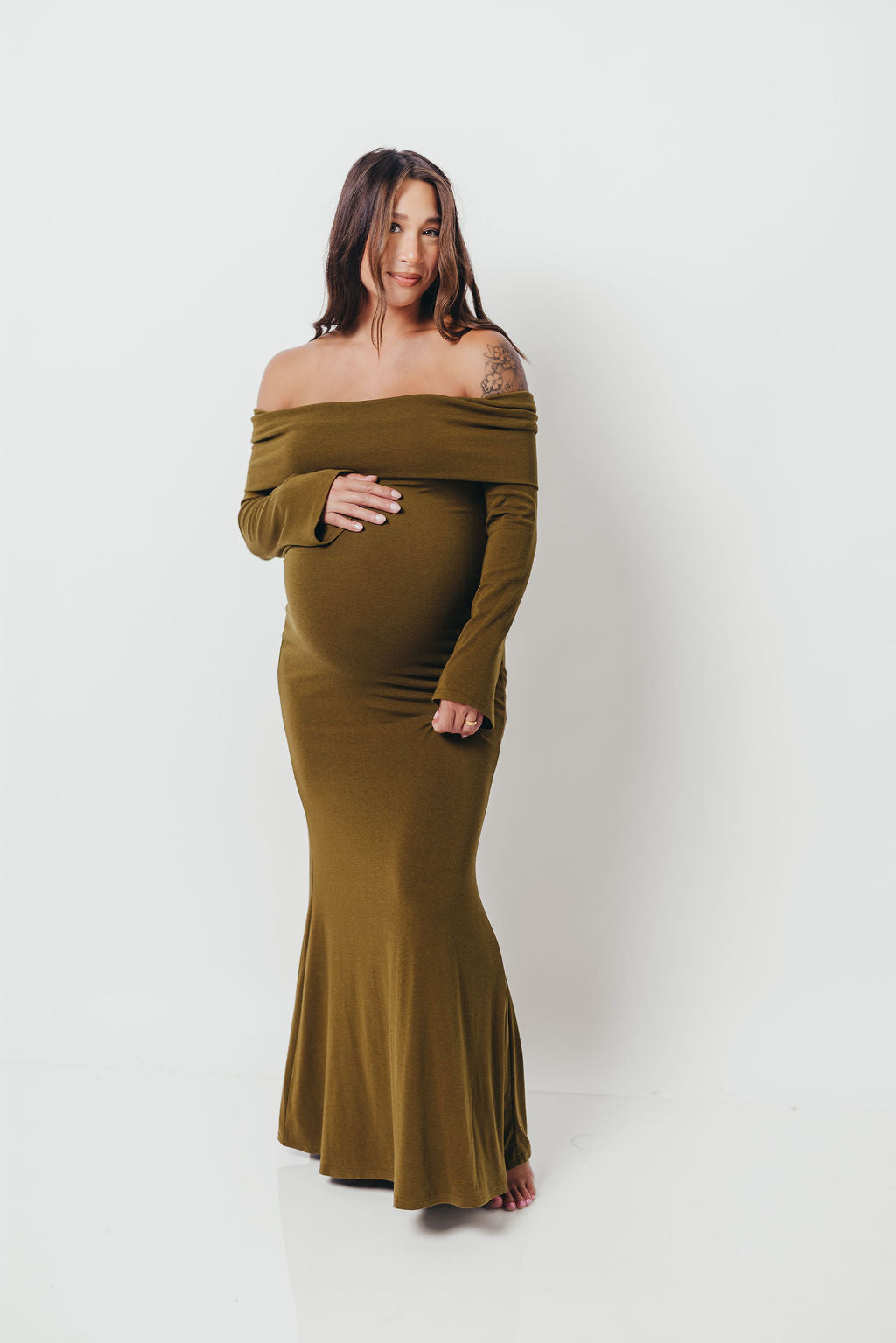 Monroe Maxi Dress with Long Sleeves in Olive Green- Bump Friendly