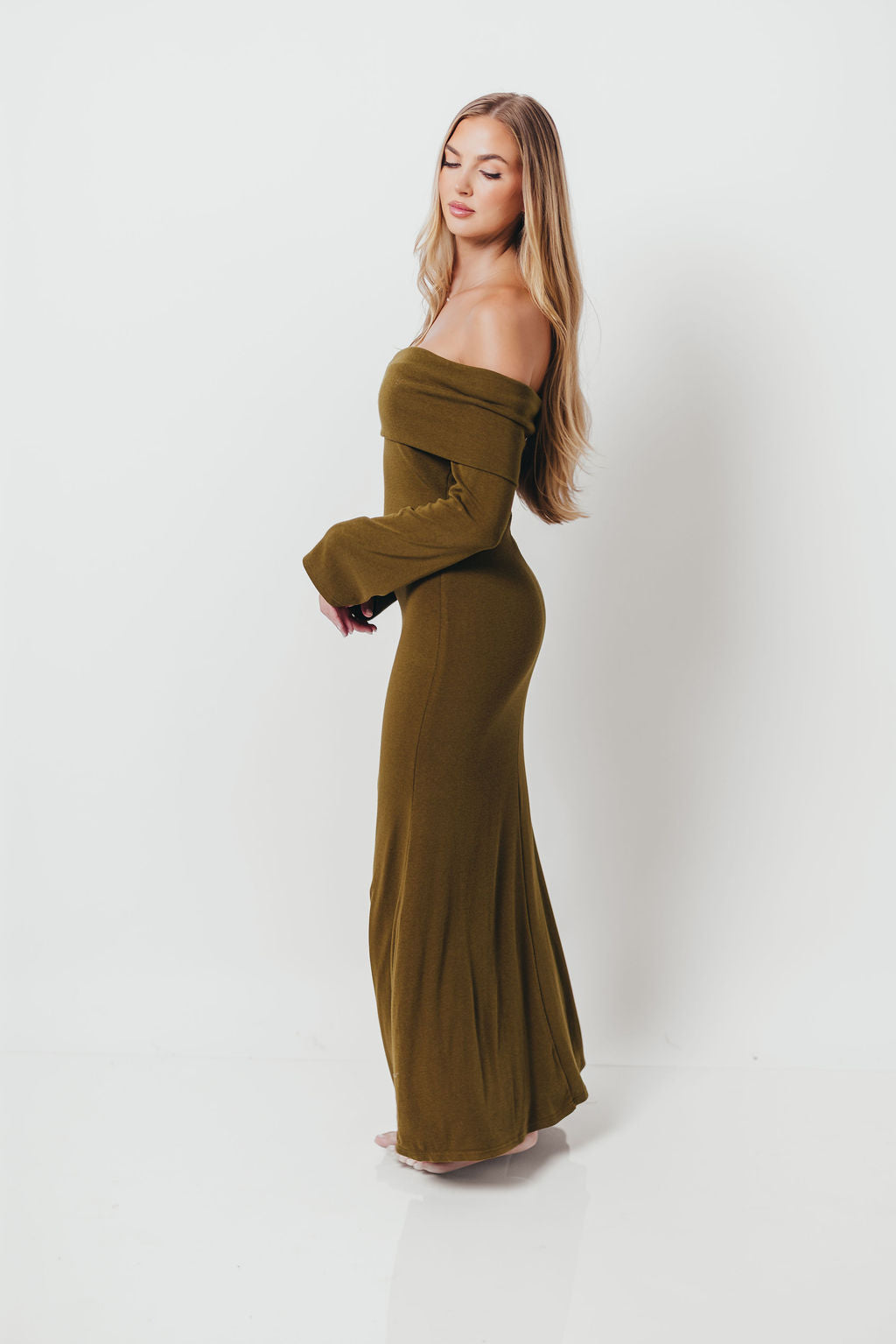 Monroe Maxi Dress with Long Sleeves in Olive Green- Bump Friendly
