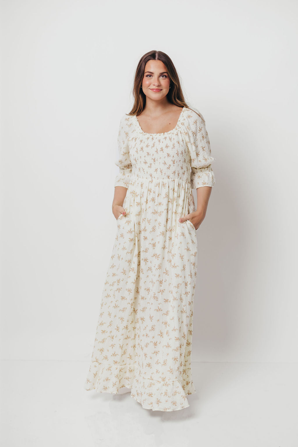 Sienna 100% Cotton Puff Sleeve Maxi Dress in Cream - Bump Friendly
