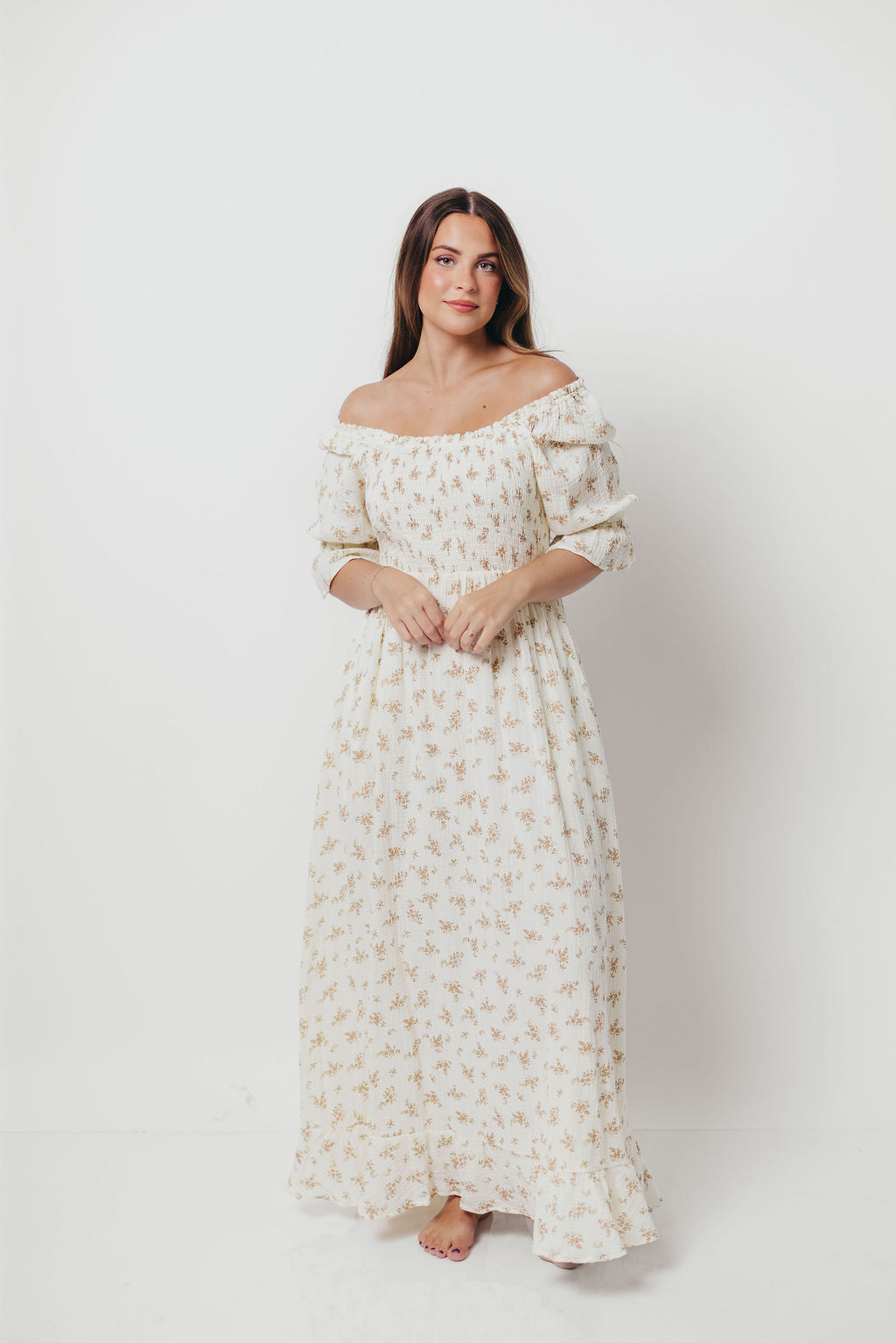 Sienna 100% Cotton Puff Sleeve Maxi Dress in Cream - Bump Friendly