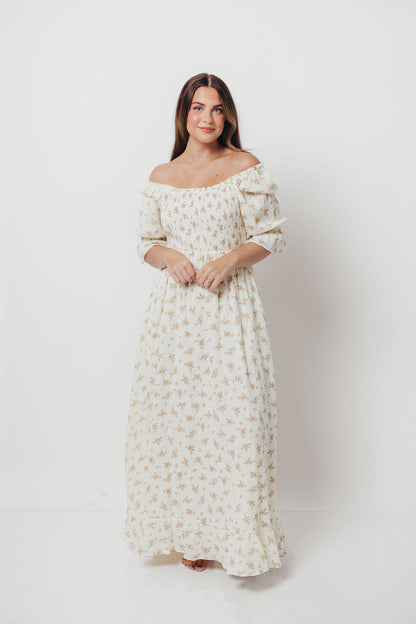 Sienna 100% Cotton Puff Sleeve Maxi Dress in Cream - Bump Friendly