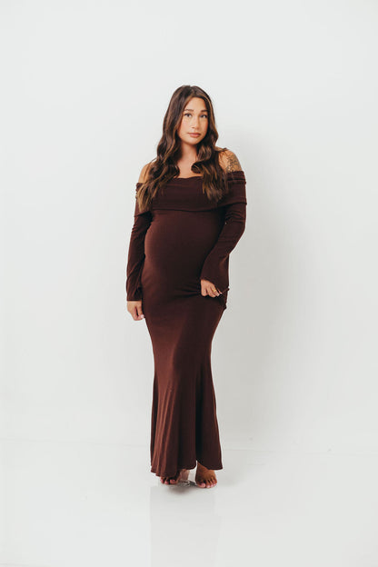 Monroe Maxi Dress with Long Sleeves in Chocolate Brown- Bump Friendly