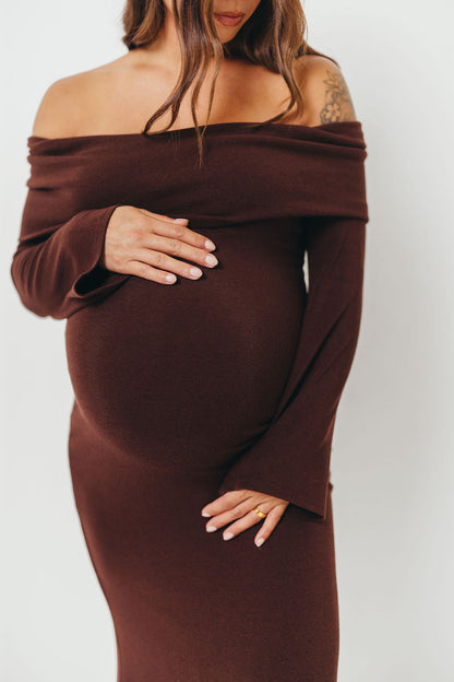 Monroe Maxi Dress with Long Sleeves in Chocolate Brown- Bump Friendly