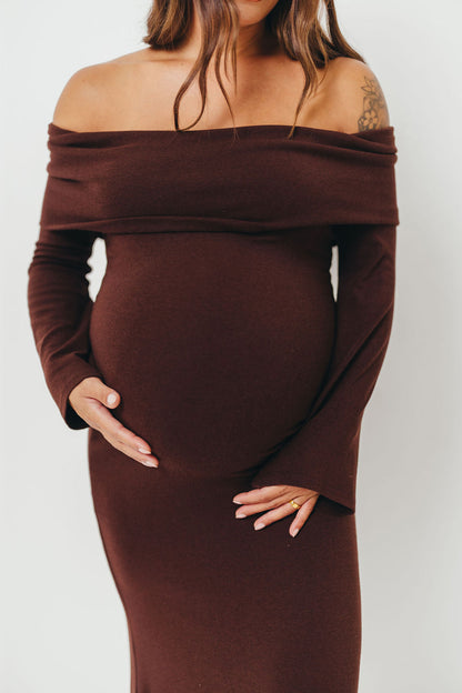 Monroe Maxi Dress with Long Sleeves in Chocolate Brown- Bump Friendly