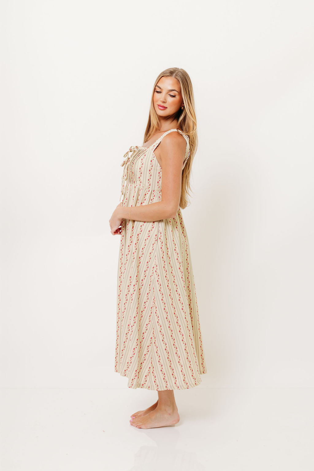 Haley Mae Cotton Floral Embroidered Striped Midi Dress in Sage