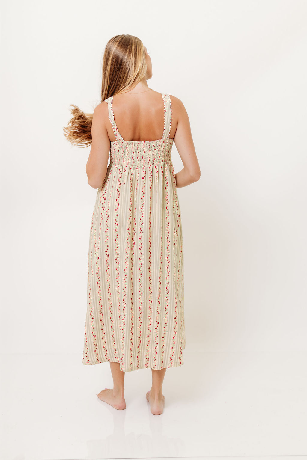 Haley Mae Cotton Floral Embroidered Striped Midi Dress in Sage