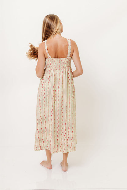 Haley Mae Cotton Floral Embroidered Striped Midi Dress in Sage