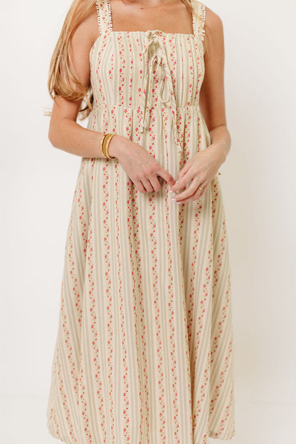 Haley Mae Cotton Floral Embroidered Striped Midi Dress in Sage