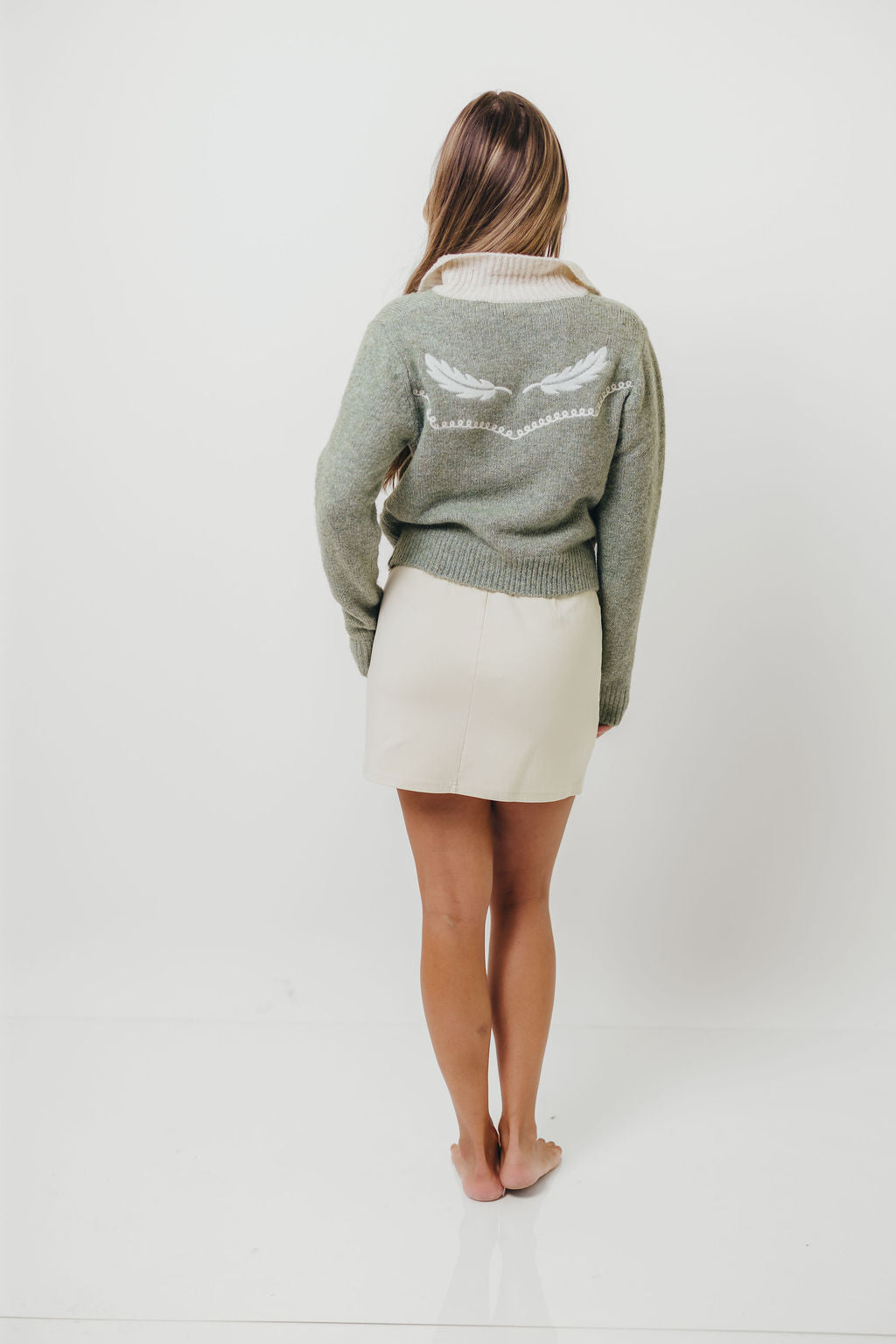 Dakota Feather Embroidered Cardigan Top in Basil