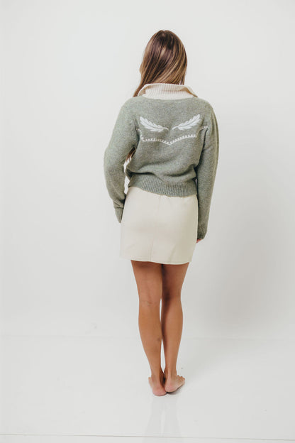 Dakota Feather Embroidered Cardigan Top in Basil