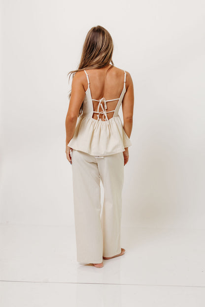 Keira 100% Cotton Bow Trim Peplum Top in Cream