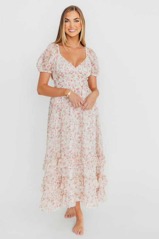 Danielle Corset Maxi Dress in White/Pink Floral